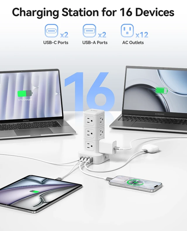 Alt view image 2 of 7 - Tower Power Strip with Surge Protection, Charging Station Tower with 12 AC Outlets 4 USB Ports (2 USB C), Space Saving Design, 5FT Tower Extension Cord for Home, Office, Dorm - TPP20