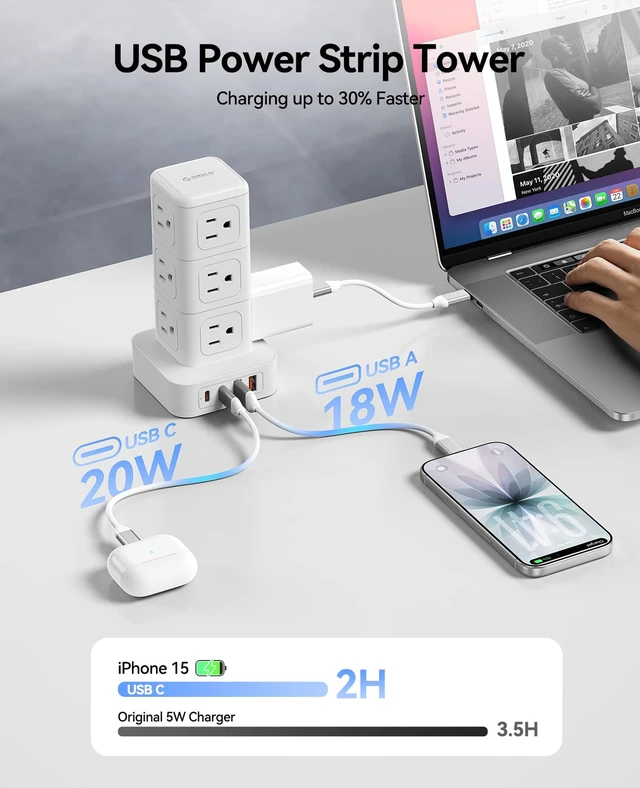 Alt view image 3 of 7 - Tower Power Strip with Surge Protection, Charging Station Tower with 12 AC Outlets 4 USB Ports (2 USB C), Space Saving Design, 5FT Tower Extension Cord for Home, Office, Dorm - TPP20