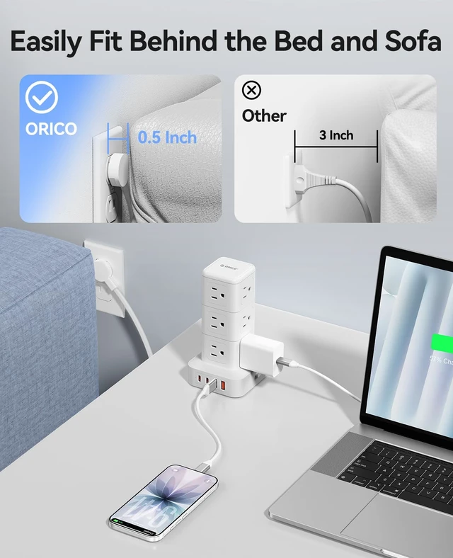 Alt view image 5 of 7 - Tower Power Strip with Surge Protection, Charging Station Tower with 12 AC Outlets 4 USB Ports (2 USB C), Space Saving Design, 5FT Tower Extension Cord for Home, Office, Dorm - TPP20