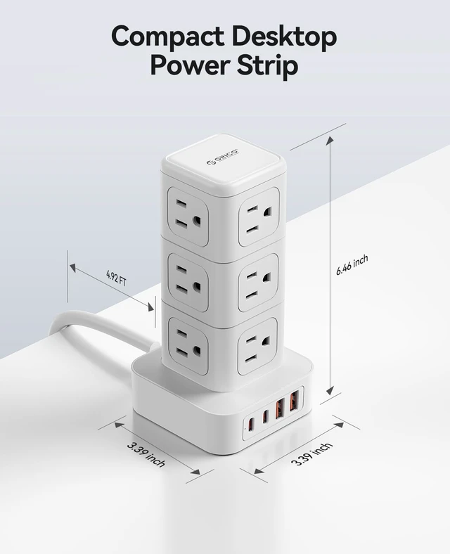 Alt view image 6 of 7 - Tower Power Strip with Surge Protection, Charging Station Tower with 12 AC Outlets 4 USB Ports (2 USB C), Space Saving Design, 5FT Tower Extension Cord for Home, Office, Dorm - TPP20