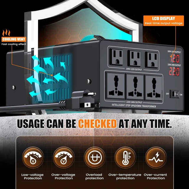Alt view image 4 of 7 - 6000W Voltage Converter Transformer Step Up 110V/120V to220V/240V or Step Down 220V to 110V AC Power Converte, Circuit Breaker Protection, 3 US sockets, 3 Universal sockets, LCD Display
