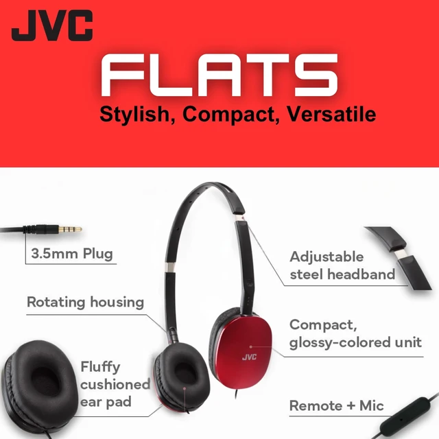 Alt view image 2 of 6 - Flats Foldable Colorful Flats On Ear Headphones with Remote and Microphone, 3.94 Foot Gold Plated 3.5mm Slim Plug - HAS160MA, Adjustable - Red