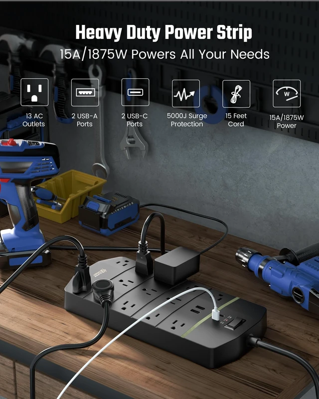 Alt view image 2 of 7 - Power Strip Surge Protector 5000J, 15FT, 15A, PD 20W, 13 AC Black, 2 USB-A & 2 USB-C Fast Charging Heavy Duty 14AWG/3C Industrial Grade 15ft Extension Cord for Workbench Home Office