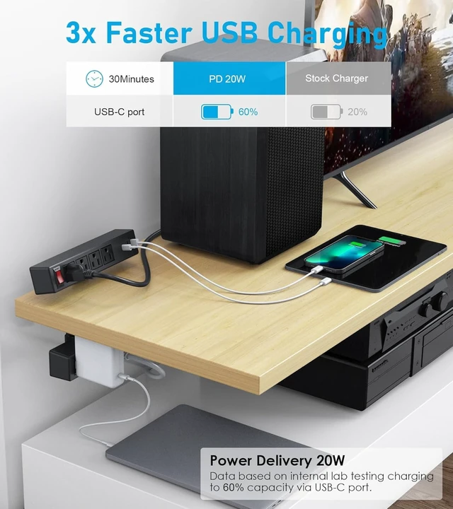 Alt view image 3 of 7 - Desk Clamp Dual Layer Power Strip, 20W USB-C, 700J Surge Protector 10AC 15FT Extension Cord, Outlet Extender Desk Organizer Workstation Home Office, Fits 1.7" Tabletop Edge, Black, ETL Listed