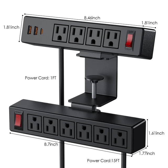 Alt view image 5 of 7 - Desk Clamp Dual Layer Power Strip, 20W USB-C, 700J Surge Protector 10AC 15FT Extension Cord, Outlet Extender Desk Organizer Workstation Home Office, Fits 1.7" Tabletop Edge, Black, ETL Listed