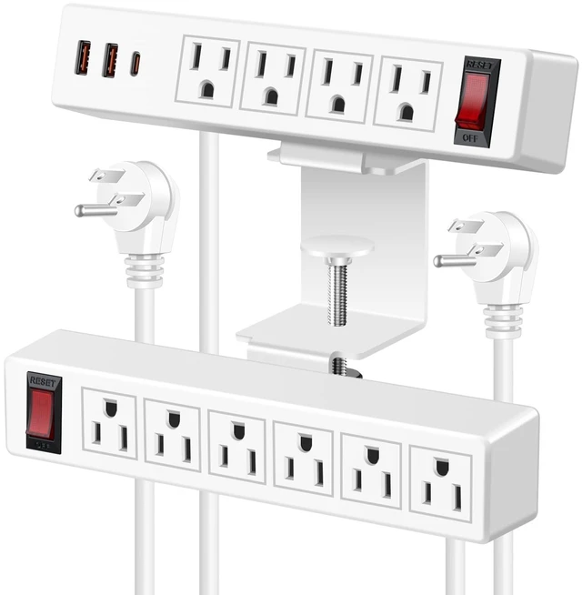Main image of Desk Clamp Dual Layer Power Strip, 20W USB-C, 700J Surge Protector 10AC 15FT Extension Cord, Outlet Extender Desk Organizer Workstation Home Office, Fits 1.7" Tabletop Edge, White, ETL Listed