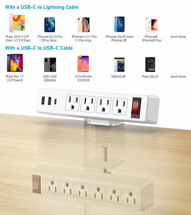 Alt view image 5 of 6 - Desk Clamp Dual Layer Power Strip, 20W USB-C, 700J Surge Protector 10AC 15FT Extension Cord, Outlet Extender Desk Organizer Workstation Home Office, Fits 1.7" Tabletop Edge, White, ETL Listed