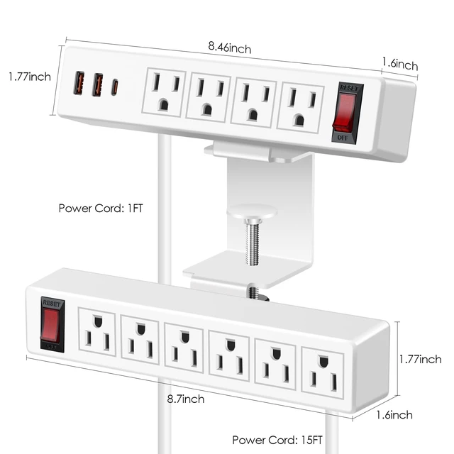 Alt view image 6 of 6 - Desk Clamp Dual Layer Power Strip, 20W USB-C, 700J Surge Protector 10AC 15FT Extension Cord, Outlet Extender Desk Organizer Workstation Home Office, Fits 1.7" Tabletop Edge, White, ETL Listed