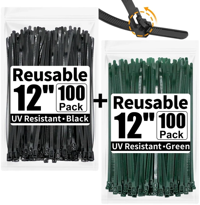 Main image of 200 Pack Reusable Zip Ties 12 Inch Heavy Duty Cable Ties Black Dark Green Reusable Trigger Release / Heavy Duty Nylon / UV Weatherproof / Non-Slip Self-Locking / Smooth Round Ending No Hurt