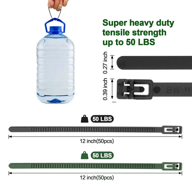 Alt view image 4 of 6 - 200 Pack Reusable Zip Ties 12 Inch Heavy Duty Cable Ties Black Dark Green Reusable Trigger Release / Heavy Duty Nylon / UV Weatherproof / Non-Slip Self-Locking / Smooth Round Ending No Hurt