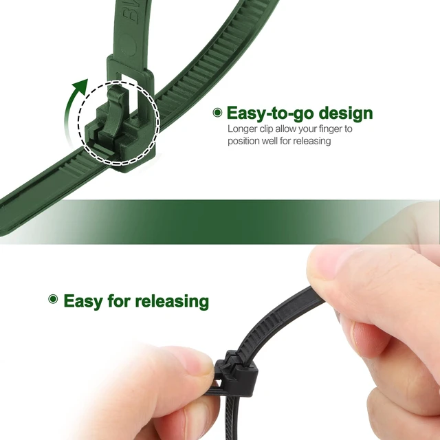 Alt view image 5 of 6 - 200 Pack Reusable Zip Ties 12 Inch Heavy Duty Cable Ties Black Dark Green Reusable Trigger Release / Heavy Duty Nylon / UV Weatherproof / Non-Slip Self-Locking / Smooth Round Ending No Hurt
