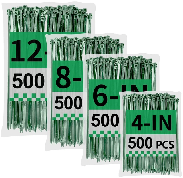 Main image of Green Zip Ties Assorted Sizes (4"+6"+8"+12"), 2000 Pack, Cable Ties UV Resistant for Garden, Plants, Fence, Holiday Lights