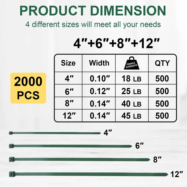 Alt view image 2 of 6 - Green Zip Ties Assorted Sizes (4"+6"+8"+12"), 2000 Pack, Cable Ties UV Resistant for Garden, Plants, Fence, Holiday Lights