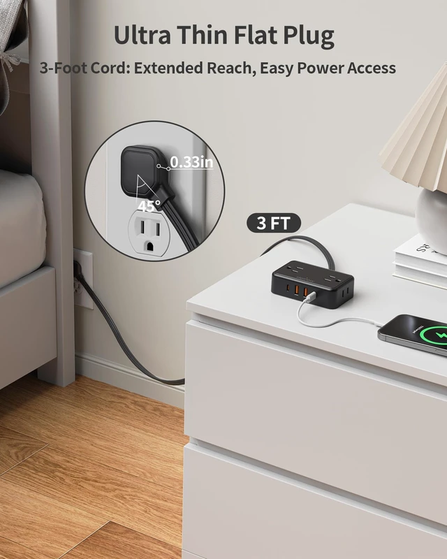 Alt view image 3 of 7 - Flat Plug Extension Cord, 4AC&2A2C, 3 FT Power Strip for Travel Extension Cord with Multiple Outlets, 1625W/13A, 1.62in Wide Spaced, No Surge Protector for Cruise Ship, Room, Black