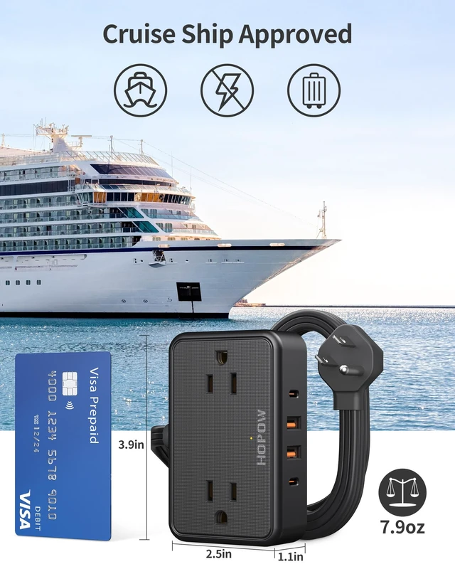 Alt view image 6 of 7 - Flat Plug Extension Cord, 4AC&2A2C, 3 FT Power Strip for Travel Extension Cord with Multiple Outlets, 1625W/13A, 1.62in Wide Spaced, No Surge Protector for Cruise Ship, Room, Black