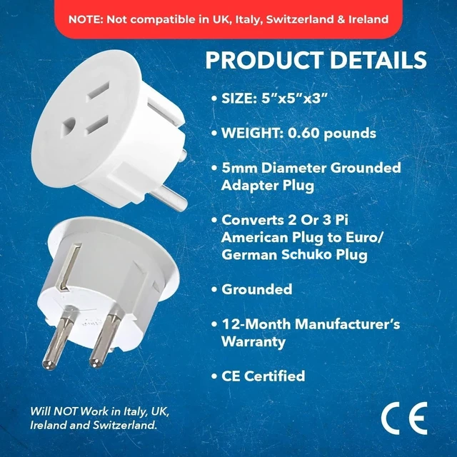 Alt view image 5 of 7 - USA to Europe Plug Adapter, Type E/F Schuko, Germany, France - 6 Pack CE Certified Heavy Duty Adapter for Travelling with Phone, Laptop & Camera, fits 2 or 3-prong US devices with grounded safety