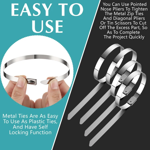 Alt view image 4 of 7 - 500 Pcs Stainless Steel Zip Ties 304 Metal Cable,0.31 X 11.8 Inch Self Locking 220 Lb Strength, For Exhaust Wrap Fence Workshop Outdoor, Corrosion Resistant Heavy Duty Cable Straps