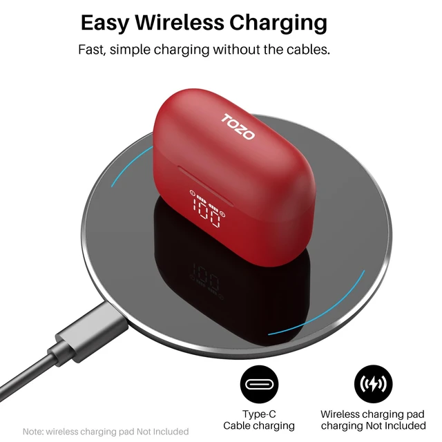 Alt view image 4 of 7 - T20 Wireless Earbuds 97H Playtime, Wireless Charging LED Display Case 10mm Deep Bass Sound, Dual Mic ENC Clear Calls, IPX8 Waterproof, Bluetooth 5.3, Comfortable Fit Ear Buds For Daily Use, Red