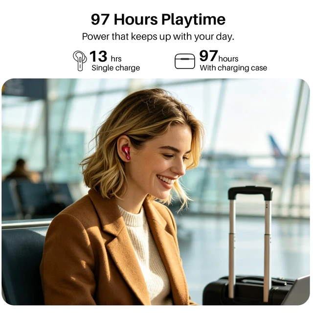 Alt view image 6 of 7 - T20 Wireless Earbuds 97H Playtime, Wireless Charging LED Display Case 10mm Deep Bass Sound, Dual Mic ENC Clear Calls, IPX8 Waterproof, Bluetooth 5.3, Comfortable Fit Ear Buds For Daily Use, Red