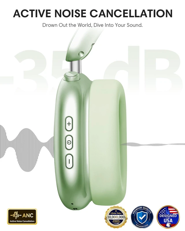 Alt view image 4 of 7 - Y02 Active Noise Cancelling Wireless Headphones, Green Over-Ear, Bluetooth, 60H Playtime,Crystal Clear Calls, Hi-Res Audio, Big Bass, Foldable Lightweight for Travel Home Office