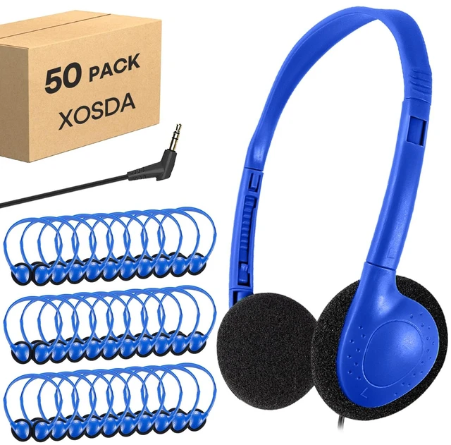 Main image of 50 Pack Bulk Classroom Headphones for Kids School, Wholesale Class Set Earphones Wired Headset Adjustable with 3.5mm Jack for Students Teens Toddler Children and Adults (Dark Blue, 50 Pack)