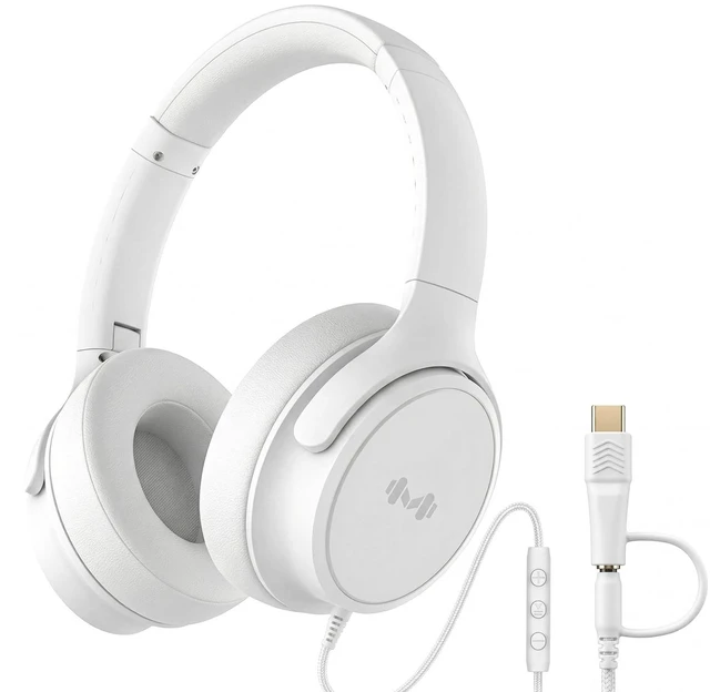 Main image of Wired Over-Ear Headphones, Mic, 3.5mm Plug, USB-C Adapter, White Foldable, adjustable headphones with soft cushions, inline mic, 3.5mm plug, and USB-C adapter for laptop, phone, and travel