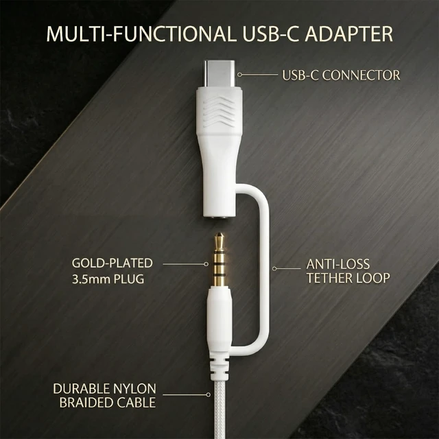 Alt view image 2 of 7 - Wired Over-Ear Headphones, Mic, 3.5mm Plug, USB-C Adapter, White Foldable, adjustable headphones with soft cushions, inline mic, 3.5mm plug, and USB-C adapter for laptop, phone, and travel