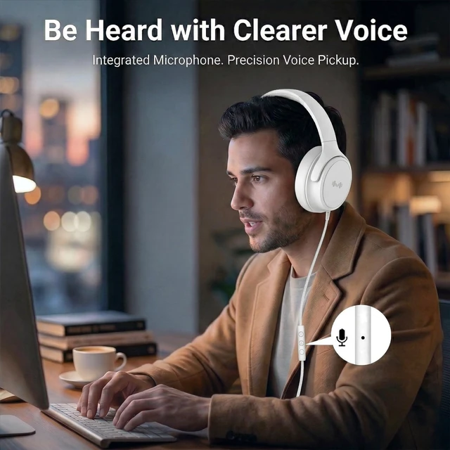 Alt view image 3 of 7 - Wired Over-Ear Headphones, Mic, 3.5mm Plug, USB-C Adapter, White Foldable, adjustable headphones with soft cushions, inline mic, 3.5mm plug, and USB-C adapter for laptop, phone, and travel