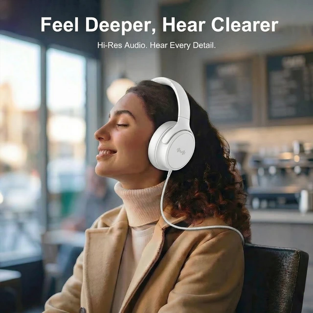 Alt view image 5 of 7 - Wired Over-Ear Headphones, Mic, 3.5mm Plug, USB-C Adapter, White Foldable, adjustable headphones with soft cushions, inline mic, 3.5mm plug, and USB-C adapter for laptop, phone, and travel