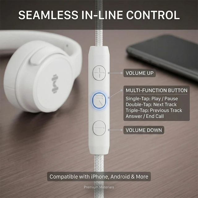 Alt view image 4 of 7 - Wired Over-Ear Headphones, Mic, 3.5mm Plug, USB-C Adapter, White Foldable, adjustable headphones with soft cushions, inline mic, 3.5mm plug, and USB-C adapter for laptop, phone, and travel