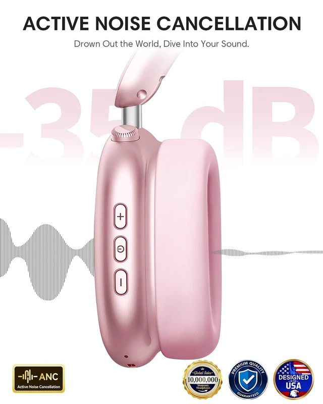 Alt view image 4 of 7 - Y02 Active Noise Cancelling Wireless Headphones, Pink Over-Ear, Bluetooth, 60H Playtime,Crystal Clear Calls, Hi-Res Audio, Big Bass, Foldable Lightweight for Travel Home Office