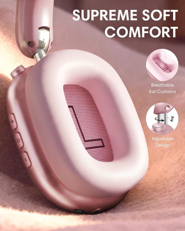 Alt view image 6 of 7 - Y02 Active Noise Cancelling Wireless Headphones, Pink Over-Ear, Bluetooth, 60H Playtime,Crystal Clear Calls, Hi-Res Audio, Big Bass, Foldable Lightweight for Travel Home Office
