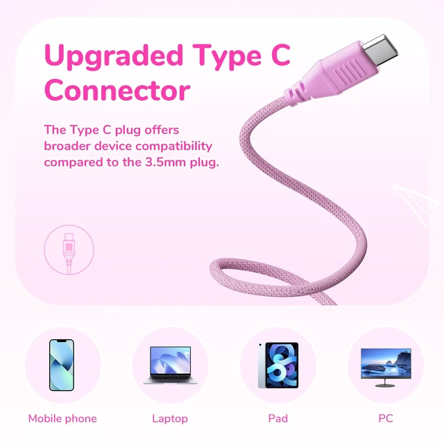 Alt view image 3 of 7 - K3 Kids Headphones, USB Type C Wired Headphones for Kids/School Pink HD Stereo Sound, Comfortable Fit, 40mm Driver, Volume Limit, Foldable Over Ear Headphone for Travel/Boys/Girls/Tablet/iPad