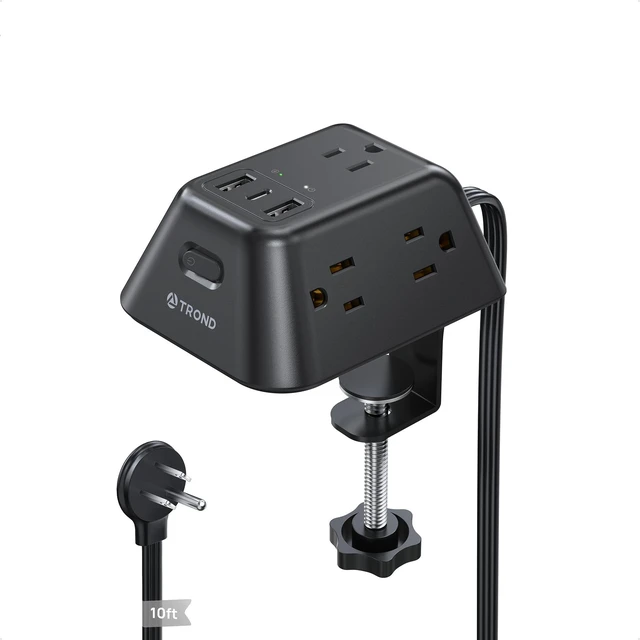 Main image of Desk Clamp Power Strip, Surge Protector with 5 Widely Spaced Outlets Desk Outlets with 3 USB Ports, Fit 1.97in Tabletop Edge Thick, Extension Cord 10FT for Home Office Gaming Accessories, Black