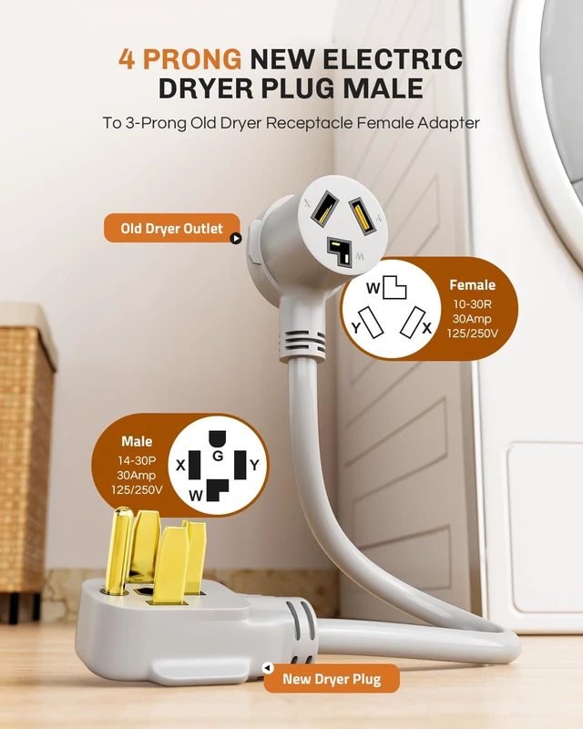 Alt view image 2 of 7 - 1.5 FT 3 Prong to 4 Prong Dryer Adapter, NEMA 14-30P Male to 10-30R Female Dryer Plug Adapter, 30 Amp 250V Outlet Converter Cord for Connecting Older one to 4-Prong Outlets