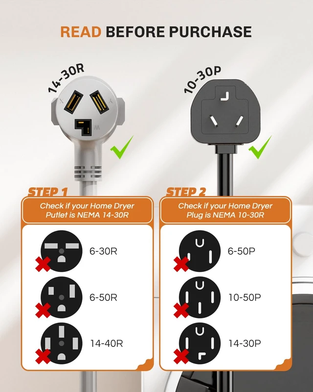 Alt view image 4 of 7 - 1.5 FT 3 Prong to 4 Prong Dryer Adapter, NEMA 14-30P Male to 10-30R Female Dryer Plug Adapter, 30 Amp 250V Outlet Converter Cord for Connecting Older one to 4-Prong Outlets