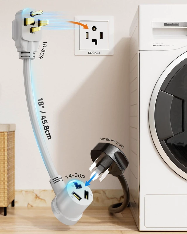 Alt view image 6 of 7 - 1.5 FT 3 Prong to 4 Prong Dryer Adapter, NEMA 14-30P Male to 10-30R Female Dryer Plug Adapter, 30 Amp 250V Outlet Converter Cord for Connecting Older one to 4-Prong Outlets
