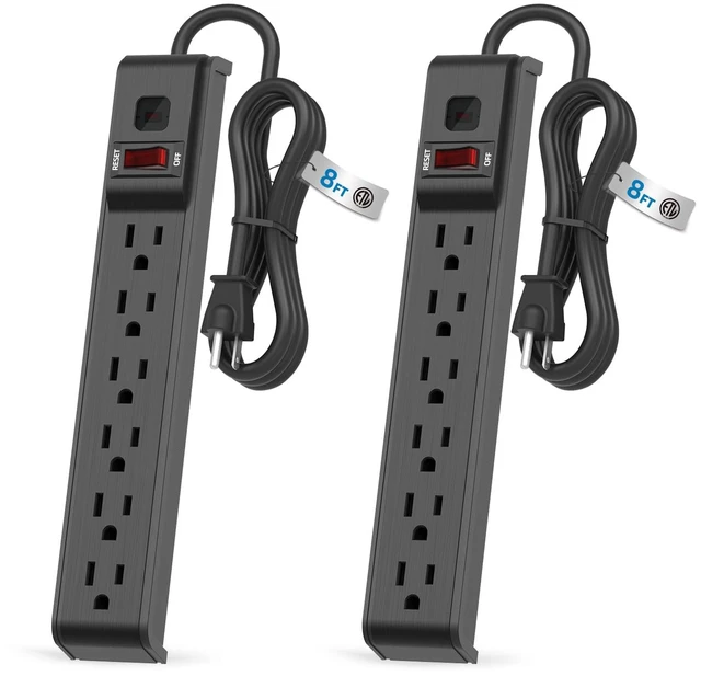 Main image of 6 Outlet Power Strip Surge Protector, 8 FT Extension Cord with Overload Protection, Wall Mountable for Home and Office, 600J, 15A/1875W, ETL Listed, 2 Packs