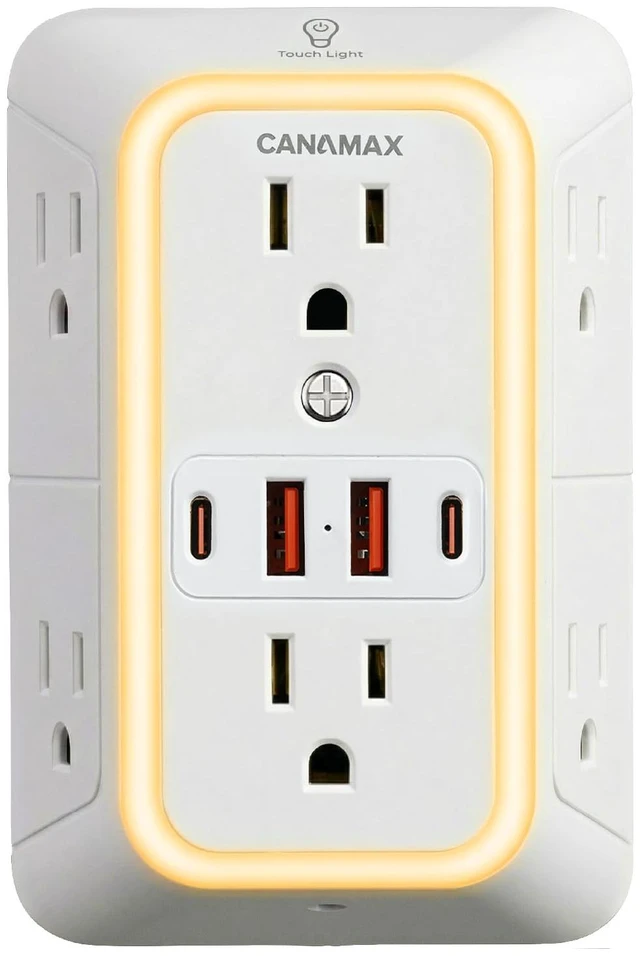 Main image of Wall Outlet Extender Night Light with 6 Outlets 4 USB Ports (5V, 2.4A,12W) 3-Sided Power Strip with Adapter Spaced Outlets, 1050J Multi Plug Outlet Surge Protector for Home Office Dorm, ETL Listed