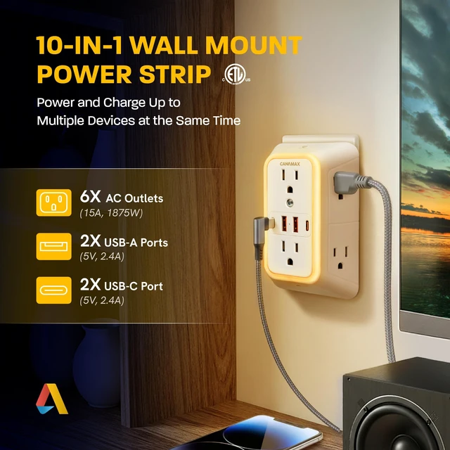 Alt view image 2 of 7 - Wall Outlet Extender Night Light with 6 Outlets 4 USB Ports (5V, 2.4A,12W) 3-Sided Power Strip with Adapter Spaced Outlets, 1050J Multi Plug Outlet Surge Protector for Home Office Dorm, ETL Listed