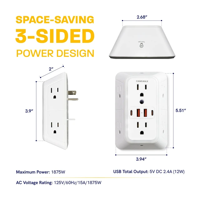 Alt view image 6 of 7 - Wall Outlet Extender Night Light with 6 Outlets 4 USB Ports (5V, 2.4A,12W) 3-Sided Power Strip with Adapter Spaced Outlets, 1050J Multi Plug Outlet Surge Protector for Home Office Dorm, ETL Listed