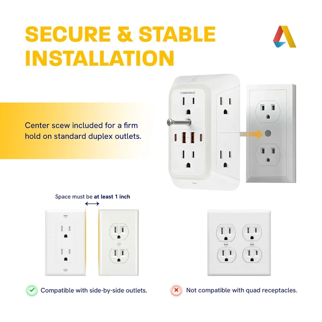 Alt view image 7 of 7 - Wall Outlet Extender Night Light with 6 Outlets 4 USB Ports (5V, 2.4A,12W) 3-Sided Power Strip with Adapter Spaced Outlets, 1050J Multi Plug Outlet Surge Protector for Home Office Dorm, ETL Listed