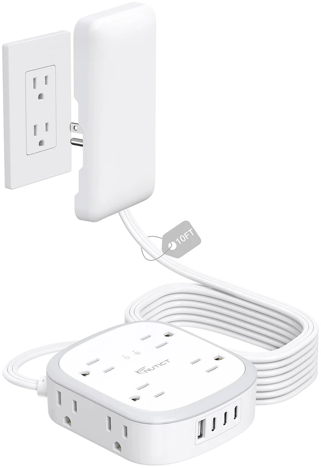 Main image of Outlet Cover 10FT Long Extension Cord, Surge Protector Power Strip 8 AC and 4 USB Ports (3 USB C), Wall Mount, 3 Prong Flat Wall Plug with Power Switch, Home Office Dorm Essentials, White