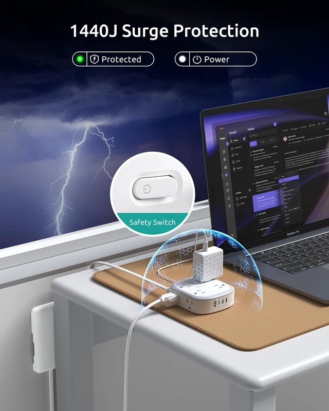 Alt view image 5 of 7 - Outlet Cover 10FT Long Extension Cord, Surge Protector Power Strip 8 AC and 4 USB Ports (3 USB C), Wall Mount, 3 Prong Flat Wall Plug with Power Switch, Home Office Dorm Essentials, White