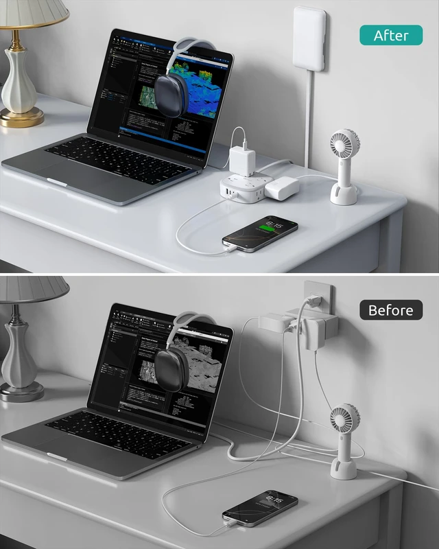 Alt view image 7 of 7 - Outlet Cover 10FT Long Extension Cord, Surge Protector Power Strip 8 AC and 4 USB Ports (3 USB C), Wall Mount, 3 Prong Flat Wall Plug with Power Switch, Home Office Dorm Essentials, White