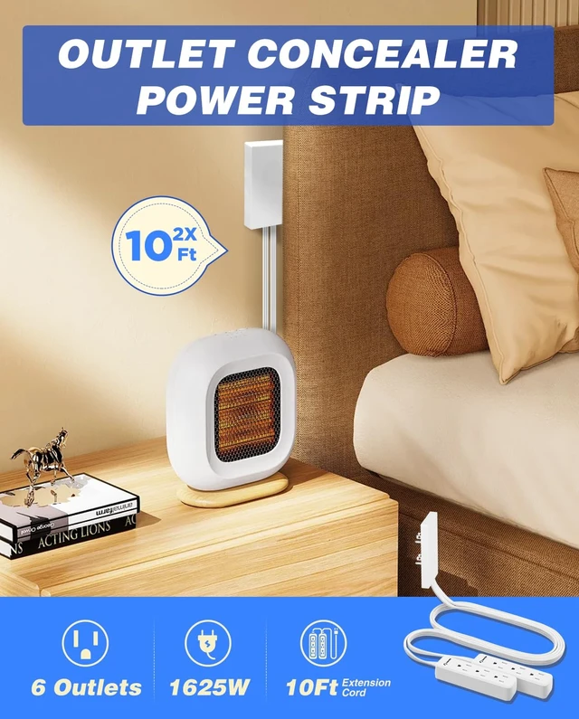 Alt view image 3 of 7 - Dual 10ft Flat Extension Cord Outlet Cover, 3 Outlets, White Dual 10ft Flat Extension Cords, Universal Outlet Concealer Design, Low-Profile Flat Plug, Baby Proof Cable Management