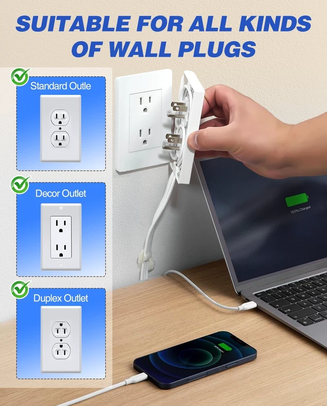 Alt view image 4 of 7 - Dual 10ft Flat Extension Cord Outlet Cover, 3 Outlets, White Dual 10ft Flat Extension Cords, Universal Outlet Concealer Design, Low-Profile Flat Plug, Baby Proof Cable Management