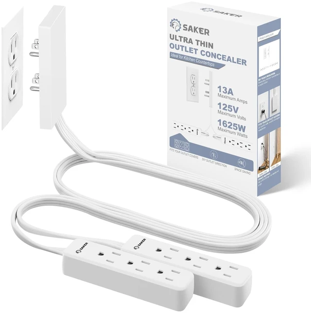 Main image of Dual Flat Extension Cord, 6-Outlet Extender, 5ft, White | Dual 5ft Flat Extension Cords, 6 Built-In Power Outlets, Universal Outlet Cover Design,Flat Plug Fits Tight Spaces