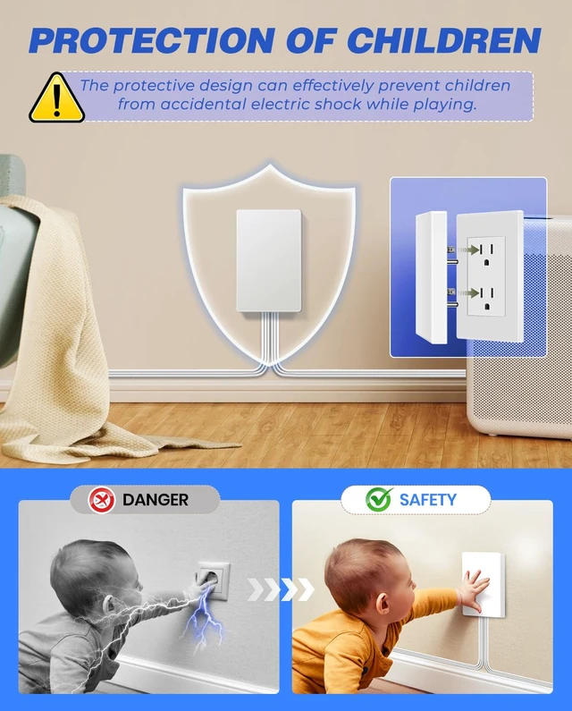 Alt view image 7 of 7 - Dual 10ft Flat Extension Cord Outlet Cover, 3 Outlets, White Dual 10ft Flat Extension Cords, Universal Outlet Concealer Design, Low-Profile Flat Plug, Baby Proof Cable Management