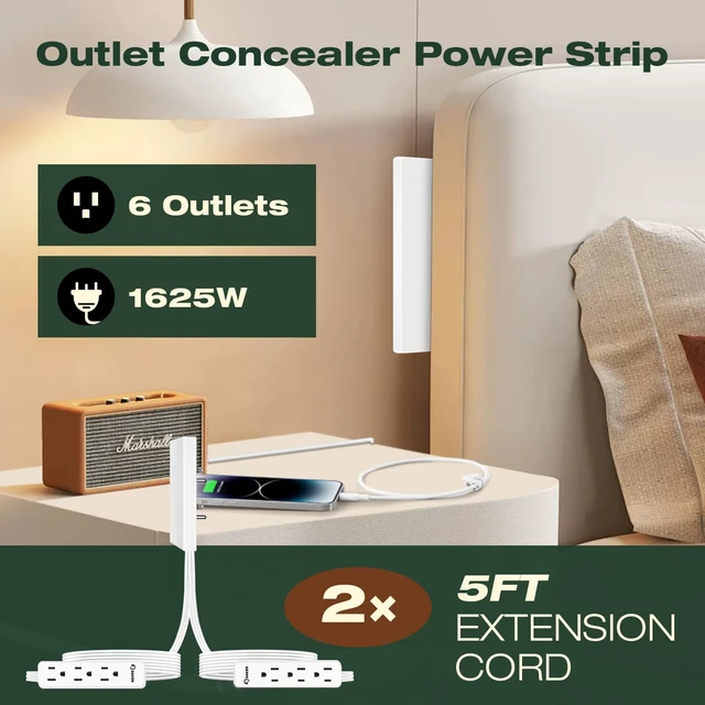 Alt view image 3 of 7 - Dual Flat Extension Cord, 6-Outlet Extender, 5ft, White | Dual 5ft Flat Extension Cords, 6 Built-In Power Outlets, Universal Outlet Cover Design,Flat Plug Fits Tight Spaces